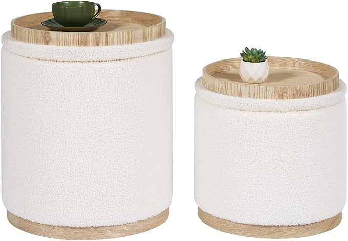 PINPLUS Round Ottoman with Storage Set of 2, Vanity Stool with Tray Storage for Bedroom, Small Teddy Velvet Foot Rest Stool Ottoman for Living Room, Dorm (White)