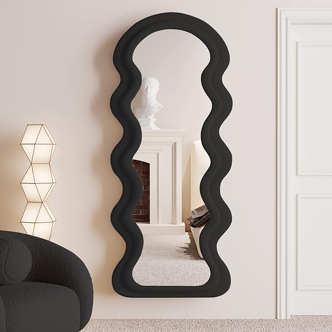 BOJOY Full Length Wavy Mirror, 63"x24", Arched Floor & Wall Mirror - Standing, Hanging or Leaning - Flannel Wrapped Wooden Frame - Black