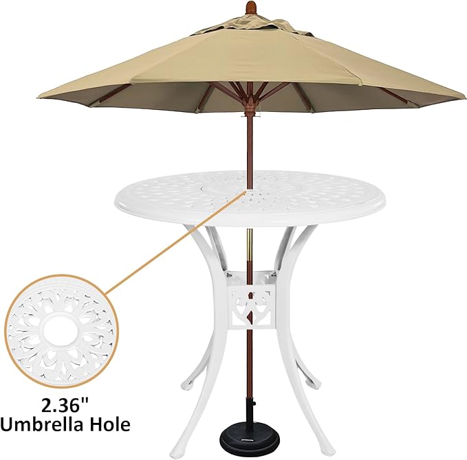 30.7" Cast Aluminum Round Patio Table,Metal Patio Dining Table with Umbrella Hole,All Weather Outdoor Bistro Dining Table for Backyard, Garden, Balcony, White