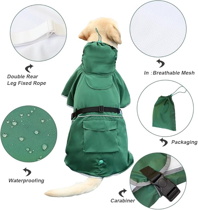 Waterproof Dog Raincoat Adjustable Dog Hooded Slicker Poncho Raincoat for Medium Large Dogs, Reflective Dog Rain Jacket(Green, 5XL)
