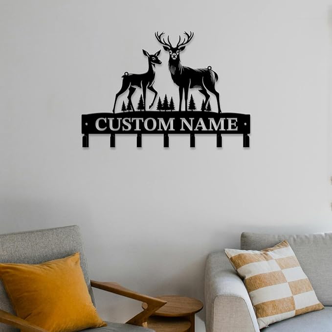 Personalized Custom Name Forest Deer Wall Keys Hooks,Metal Forest Deer Art Clothes Hooks,Metal Forest Deer Wall Home Storage Decorative,For Front Door, Hallway, Kitchen, Bedroom,Keys,Hats (Style H)