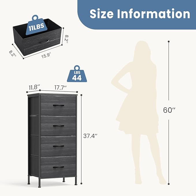 DUMOS Nightstand with 4 Drawers Bedside Table with Removable Fabric Bins Sturdy Steel Frame Wood Top Organizer Furniture for Bedroom Closet Living Room,Black Wood Grain