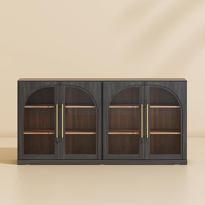 BELLEZE 65" Arched Sideboard with Glass Door, Accent Buffet Cabinet with Storage and Adjustable Shelves, Classic Modern Large Console Table for Dining Room Living Room Entryway (Ebony)