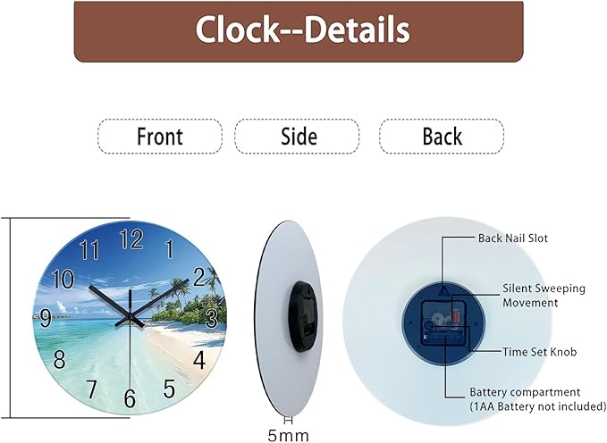 XFM Beach Coastal Wall Clocks Battery Operated 20 Inch Large Wall Clock Silent Tropical Seascape Glass Wall Clock for Living Room Bedroom Kitchen Decor