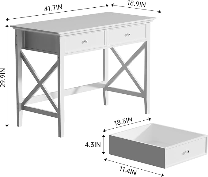 White Computer Desk with 2 Drawers, Modern Makeup Vanity Desk with Storage, Writing Desk for Home Office, 42'' Long Study Simple White Desk for Bedroom Console Table Living Room