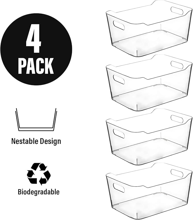 Clear Extra Large Plastic Storage Bins, Pantry Organizers and Storage Containers Fridge Organizer Bins for Organizing Home, Kitchen Organization. Bathroom, Refrigerator, Freezer, Laundry Room