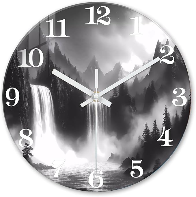 XNM Natural Landscape Bathroom Wall Clocks Battery Operated 12 Inch Black and White Round Silent Wall Clock Non Ticking Glass Small Clock for Wall