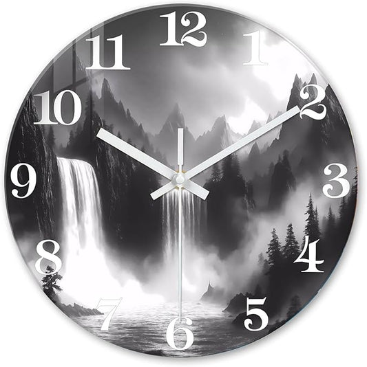 XNM Natural Landscape Bathroom Wall Clocks Battery Operated 12 Inch Black and White Round Silent Wall Clock Non Ticking Glass Small Clock for Wall