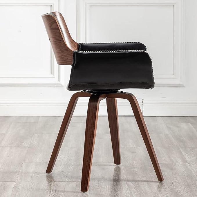 LUNLING Swivel Accent Faux Leather Dining Chairs, Mid Century Modern Chairs with Wooden Legs/Armrest/Upholstered Seat/Adjustable Foots for Kitchen Dining Room Desk Chairs,Black,1PCS