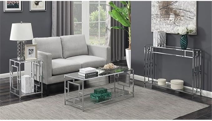 Convenience Concepts Town Square Chrome Console Table 42" - Contemporary Modern Sofa Table with Storage Shelf, Narrow Entryway Hall Table for Living Room, Bedroom, Bathroom, Glass/Chrome