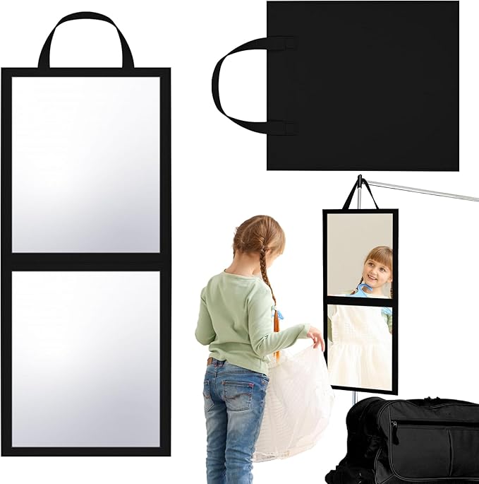 Foldable Portable Full Length Mirror for Dorm Dance Backstage Camping Travel Hanging Folding Makeup Body Mirror for Dancers Artists Home Aestheticians Spa(Black,25.6" X 12")