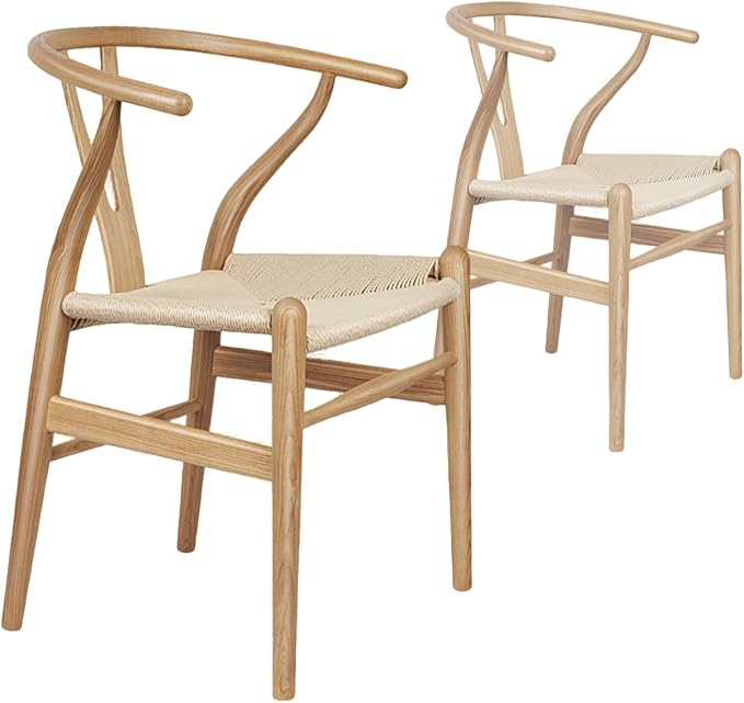 Wishbone Chair Natural Solid Wood Dining Chair/Hans Vegner Y Chair Rattan and Wood Accent Armrest Chairs (Ash Wood + Natural Color)