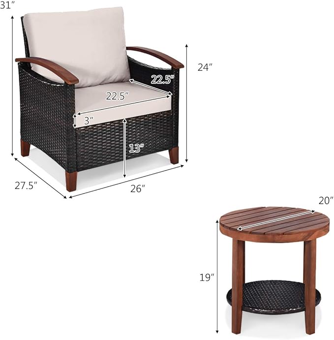 Tangkula 3 Pieces Patio Rattan Furniture Set, Outdoor Wicker Sofa Set w/Washable Cushion and Acacia Wood Tabletop, High Load Bearing Chair with Coffee Table, Conversation Furniture (Turquoise & Beige)