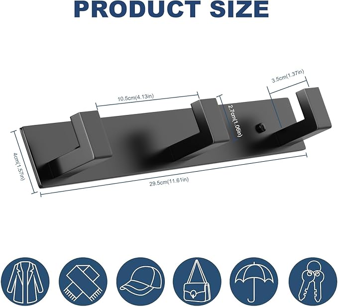 PMMASTO Wall Mounted Coat Hooks- Stainless Steel Rust-Resistant Bathroom Hangers for Towels/Hats/Coats, Heavy-Duty Wall Mount Hooks with Screws (Black 3 Hooks, 2-Pack)