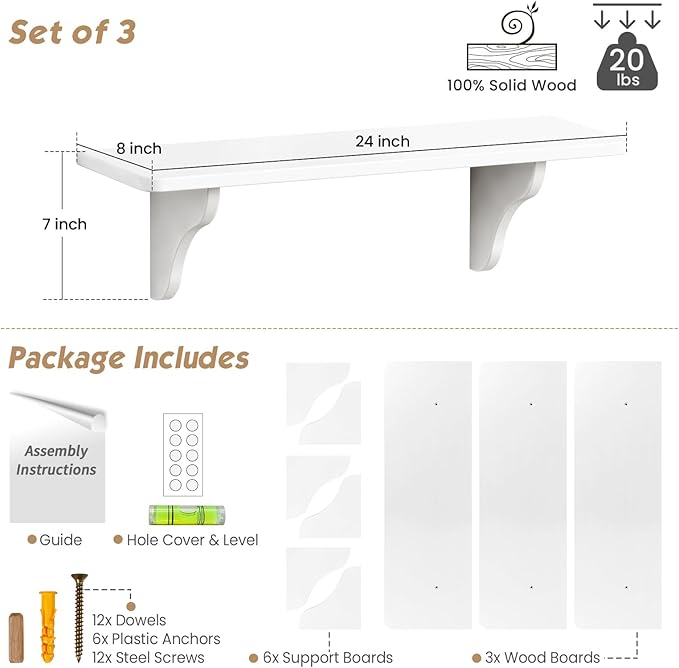 Forbena 24 Inch Wall Shelves for Bedroom Set of 3, Large Bathroom Floating Shelves for Wall, Long Decorative Hanging Arched Shelving Unit for Living Room Kids Girls Room Nursery Office (White)