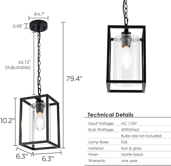 MAYNA 1-Light Farmhouse Pendant Light, Black Metal Cage Light Fixtures with Adjustable Chain and Glass Shade,Hanging Lights for Kitchen Island,Porch,Hallway