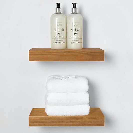 Homeforia 12 inch Golden Oak Floating Shelf, High End Solid Real Wood 12inch Small Floating Shelves for Wall Mounted, Oak Wooden 12in Floating Shelves, Heavy Duty Bracket, 12 X 6.5 X 1.75 in, Set of 3