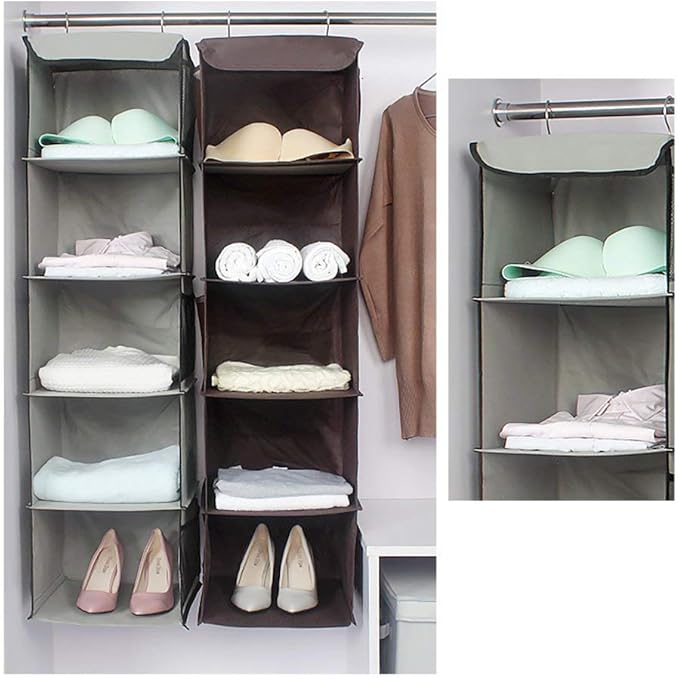 5 Shelves Hanging Closet Organizer, 2 Pack Hanging Storage with 6 Side Pockets for Clothes Bags, 43"x12"x12"(Gray)