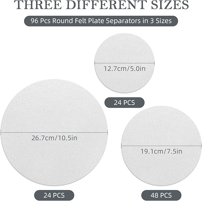 96 Pack Felt Plate Dividers Protectors, Thick Felt Round Plate Separators Pads China Dish Storage Protectors Pads with 3 Sizes for Packing Stacking Porcelain Cookware, White