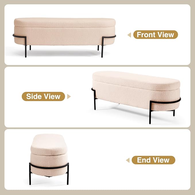 Sherpa Storage Ottoman Bench for Bedroom, Beige End of Bed Bench with Storage, Upholstered Boucle Storage Bench with Metal Stand and Hinges, Oval Ottoman for Living Room, 52 Inch