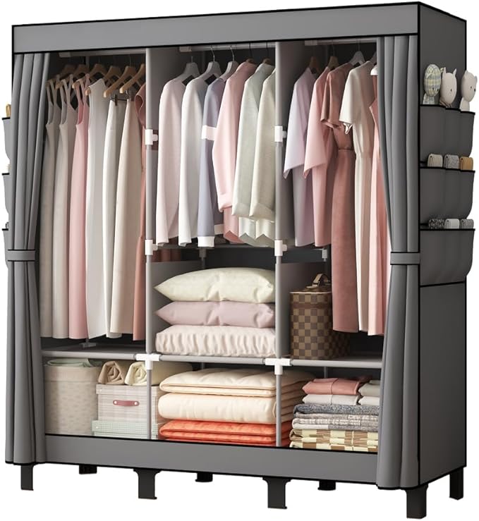 Portable Wardrobe, Clothes Organizer, Easy Hanger Wardrobe, Multiple Dividers and 3 Drawers, 6 Side Pockets Large Capacity (Grey)