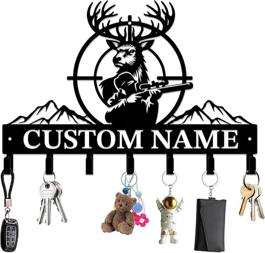 Personalized Custom Name Hunting Deer Wall Key Hooks,Metal Hunting Art Clothes Hooks,Metal Hunting Wall Home Storage Decorative,Hunter For Front Door, Hallway, Kitchen, Bedroom,Keys,Hats (Style J)