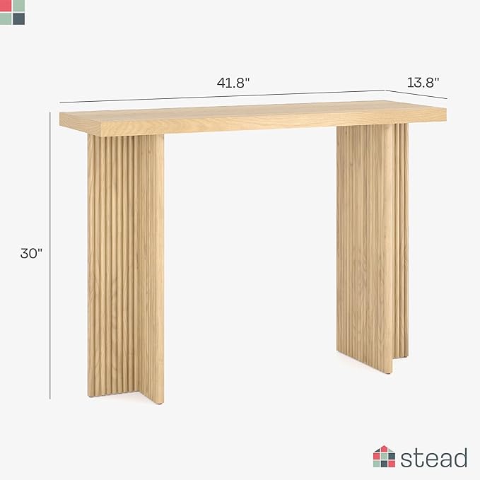 Modern Console Table - Natural Oak, Fluted Solid Wood - Slim Entryway Table with Drawers & Curved Cross Base