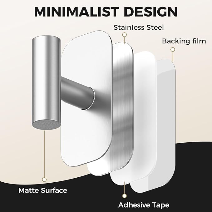 Adhesive Towel Hooks for Shower,Waterproof Heavy Duty Bathroom Hooks,Wall Mounted Sticky Hangers for Coats/Aprons/Robes,No Drilling(Silver,4 Pack)