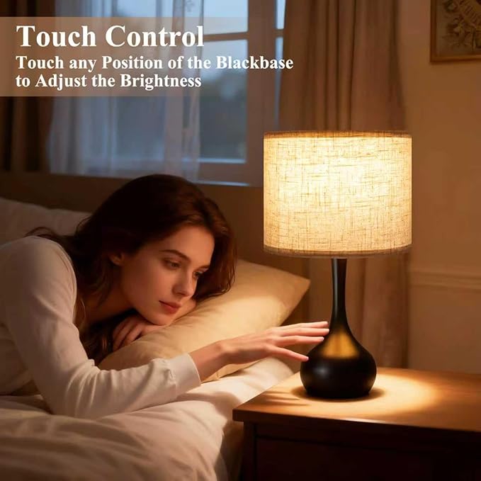 ONEWISH Touch Bedside Lamp for Bedroom, 3-Way Dimmable Table Lamps for Nightstand with Cylindrical Fabric Shade, Desk Lamp for Living Room, End Tables, Home Office