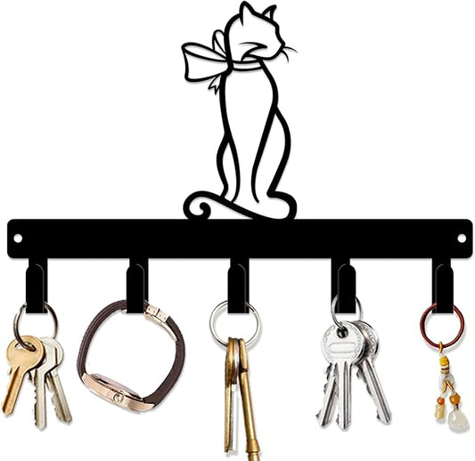 magilab Cat-Themed 10-Inch Iron Key Hooks with 5 Hooks, Black Wall Organizer - Cute Cat Design for Home Decor, No Drill & Screw-in Options (Style H)