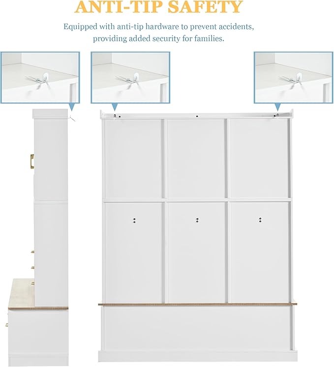 Merax 5-in-1 Hall Tree with Bench and Storage, Modern with Coat Rack, 6 Drawers, 3 Cabinets and 3-Tier Top Storage for Hallway, Entryway, Living Room, White