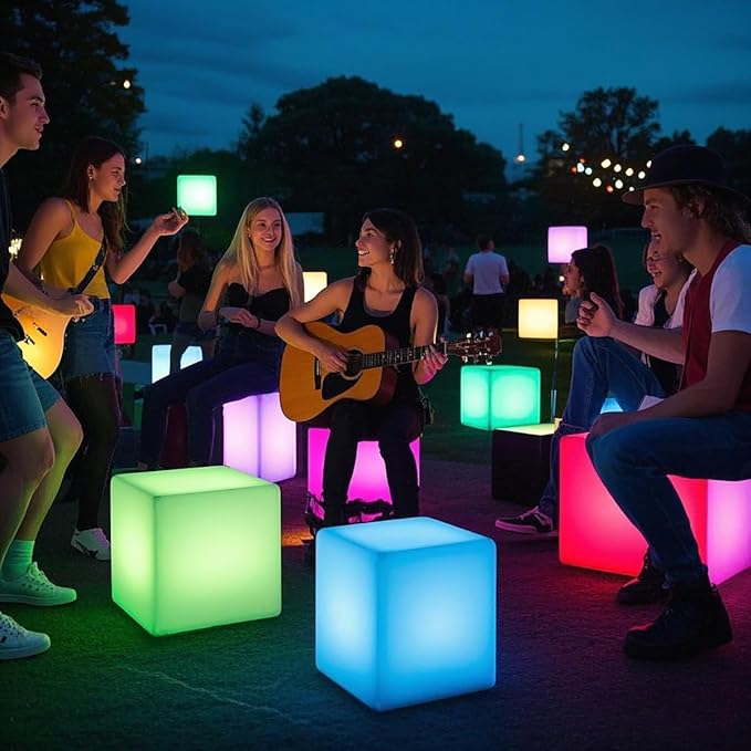 Mr.Go 15-Inch LED Cube Chair, 16 Dimmable RGB Colors Cube Seat w/Remote, Rechargeable Glowing Side Table, Waterproof Outdoor Floor Lamp for Patio, Pool, Home, Garden, Bar, Stage, Party Decor Lighting