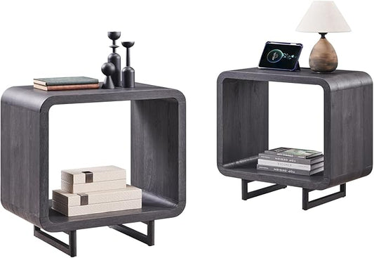 23.6" Modern End Table Set of 2, 2 Tier Side Table with Charging Station, Simple Bedside Table with Open Storage Shelf, Outlet, Wooden Nightstand for Bedroom, Living Room, Study, Dark Grey