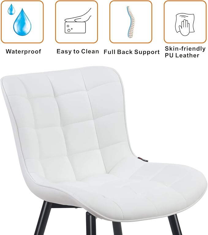 YOUTASTE White Dining Chairs Set of 2, Faux Leather Upholstered Armless Chairs with Back and Black Metal Legs, Mid Century Modern Kitchen Chairs for Living Room, Vanity, or Guest Reception Room