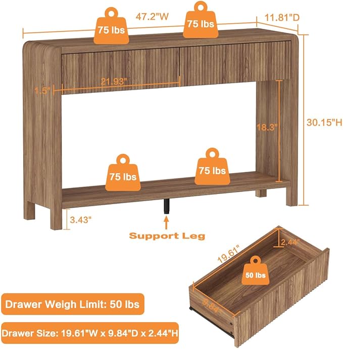 FATORRI Console Sofa Table for Entryway, Wood Foyer Tables for Living Room, Farmhouse Couch Table behinde Sofa with 2 Drawers for Hallway Storage (47.2 inch, Walnut)