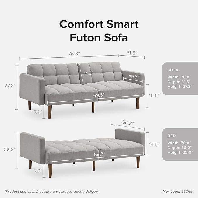 mopio Aaron 76.8" Couch, Small Futon Sofa Bed, Sleeper, Loveseat, Mid Century Modern Futon Couch, Sofa Cama, Couches for Living Room, Bedroom (Light Gray, Fabric)