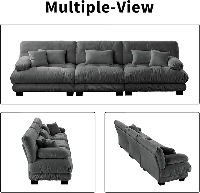 133.8" Oversized Couch, 3 Seater Modular Sectional Sofa, Grey Large Sectional Fluffy Couch Set, Chenille Cloud Couch with 5 Pillows, Deep Seat Sofas for Living Room