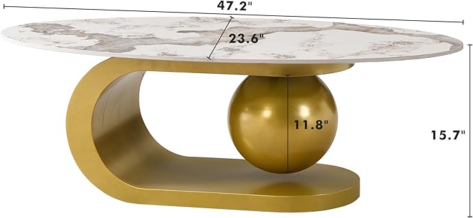 Merax 47.2" Modern Oval Coffee Table, Marble Pattern Sintered Stone Coffee Tabletop with Gold Stainless Steel Base for Living Room, White+Gold