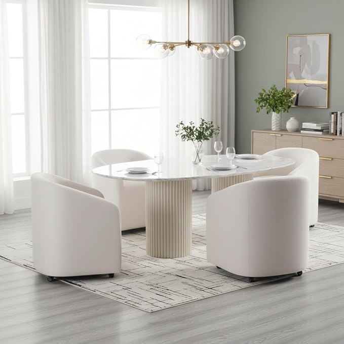 White Barrel Dining Chairs Set of 2, Modern Swivel Barrel Chairs with Wheels Casters Arms Back Comfy Linen Beige Upholstered Rolling Dining Chairs for Living Room Kitchen Bedroom