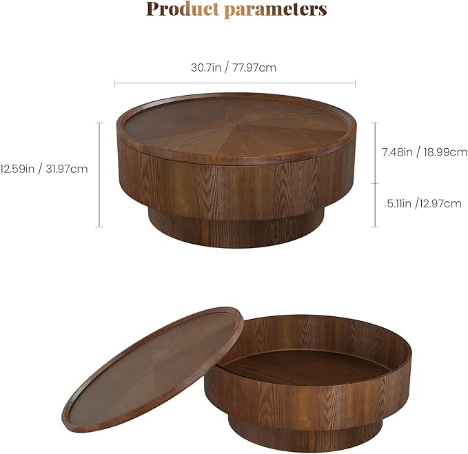 Round Wood Coffee Table with Storage, 30.7" Modern Circle Coffee Table with Removable Lid, Rustic Drum Center Table Handcraft Accent Table for Living Room Small Space Apartment Office (Brown)