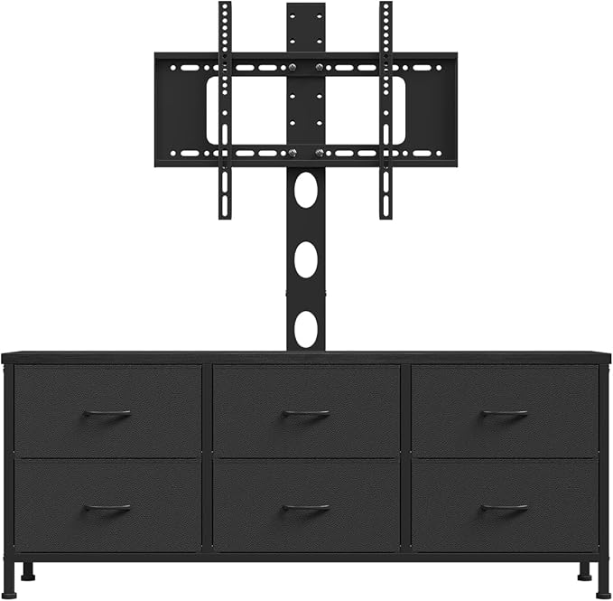 TV Stand with Mount, Fabric Dresser with 6 Drawers for 32/45/55/60/65/75 inch TVs, Black Dresser Entertainment Center, Modern Media TV Console Table