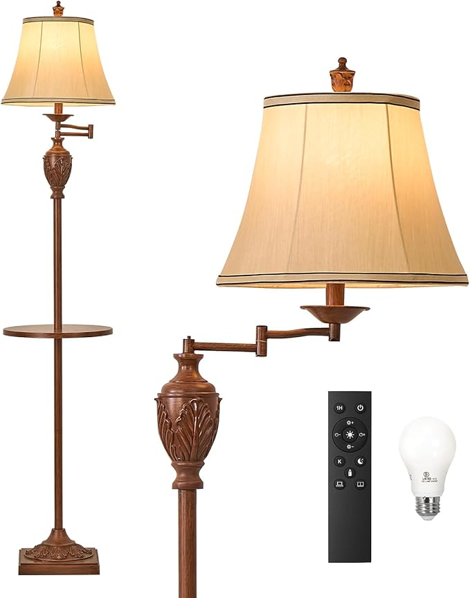 Traditional LED Floor Lamp with 350° Adjustable Swing Arm Lamp – Vintage Standing Pole lamp for Living Room, Bedroom and Office – Rustic Upright Floor Light for Home Décor with Silk Fabric Shade