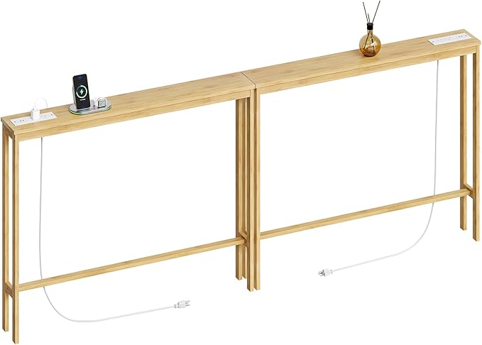 ELYKEN 2 Pack 5.9" Narrow Console Sofa Table with Power Outlets, 5.9" Dx39.4 Wx31.1 H Bamboo Behind Couch Table with Charge Station, Natrual