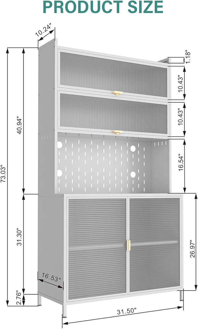 73'' Tall Kitchen Pantry Cabinet, 6 Level Flip Door with Pegboard Metal Pantry Storage Cabinet, Anti-Tip Design Hutch for Kitchen, Dining Room, Living Room (White)