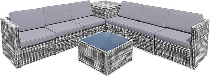 HAPPYGRILL 8 Pieces Patio Conversation Set Outdoor Rattan Furniture Set Sectional Wicker Sofa Set with Cushions and Storage Table for Backyard Garden Poolside