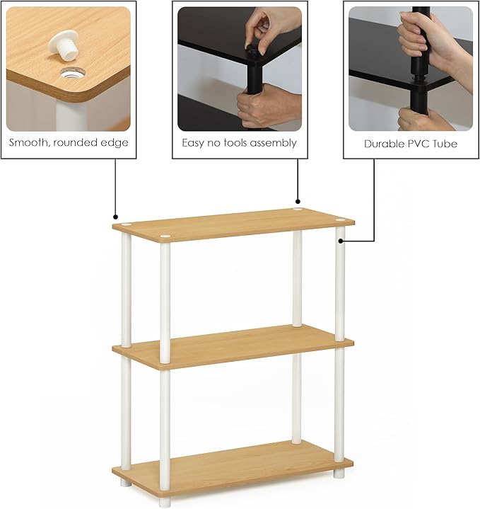 Furinno TURN-N-TUBE Storage Shelves, 3-Tier Book Shelf, Corner Shelf, Toolless Open Shelves, for Organization and Storage, Living Room, Garage, Home Office, Beech