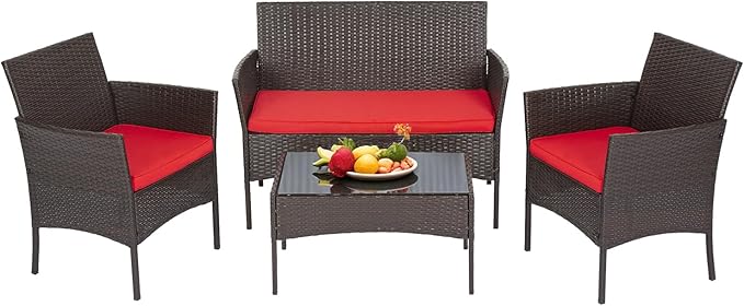 FDW Patio Furniture Set PE Rattan Patio Set Wicker Outdoor Furniture Bistro Set for Outdoor Indoor Use with Loveseats Coffee Table, Red Cushions, 4 Pieces