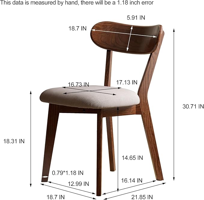 Walnut Dining Chair,FAS-Grade North American Oak Construction with Grey Padded Fabric Seats, Comfortable Dining Chair for Kitchen & Dining Room, 400lb Capacity