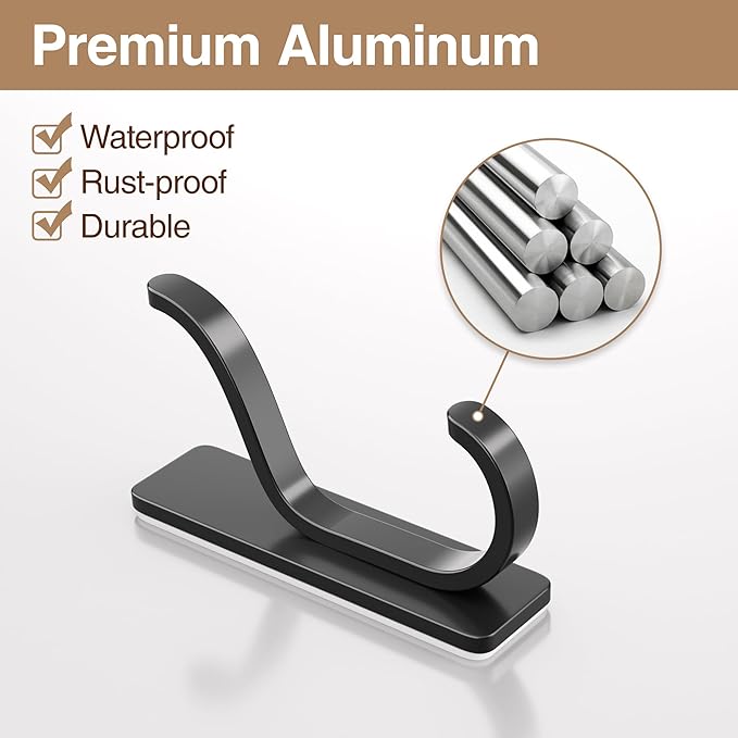 pickpiff Adhesive Wall Coat Hooks - Heavy Duty Stick-On Door Hanger, Metal Hook for Hanging Towel,Purse, Robe, Backpack, Jacket, Clothes - for Bathroom,Dorm, Closet, Kitchen - Black, 4 Pack