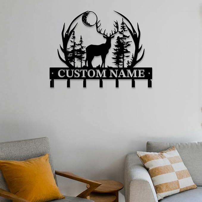 Personalized Custom Name Forest Deer Wall Keys Hooks,Metal Forest Deer Art Clothes Hooks,Metal Forest Deer Wall Home Storage Decorative,For Front Door, Hallway, Kitchen, Bedroom,Keys,Hats (Style J)